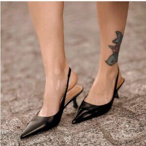 FSJ Black Kitten Heel Slingback Sandals Pointy Toe Sexy Pumps Party Shoes